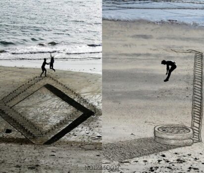 波が洗う幻想 砂浜に生まれる立体アート