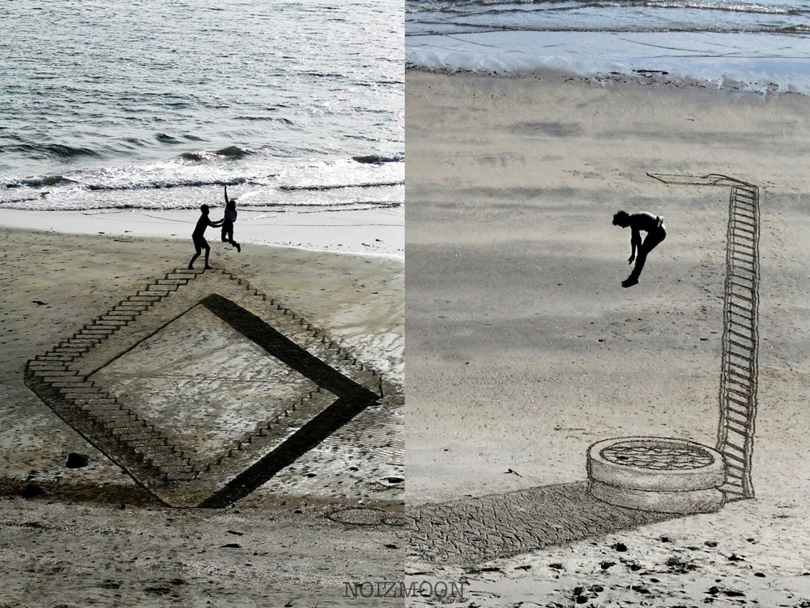 波が洗う幻想 砂浜に生まれる立体アート